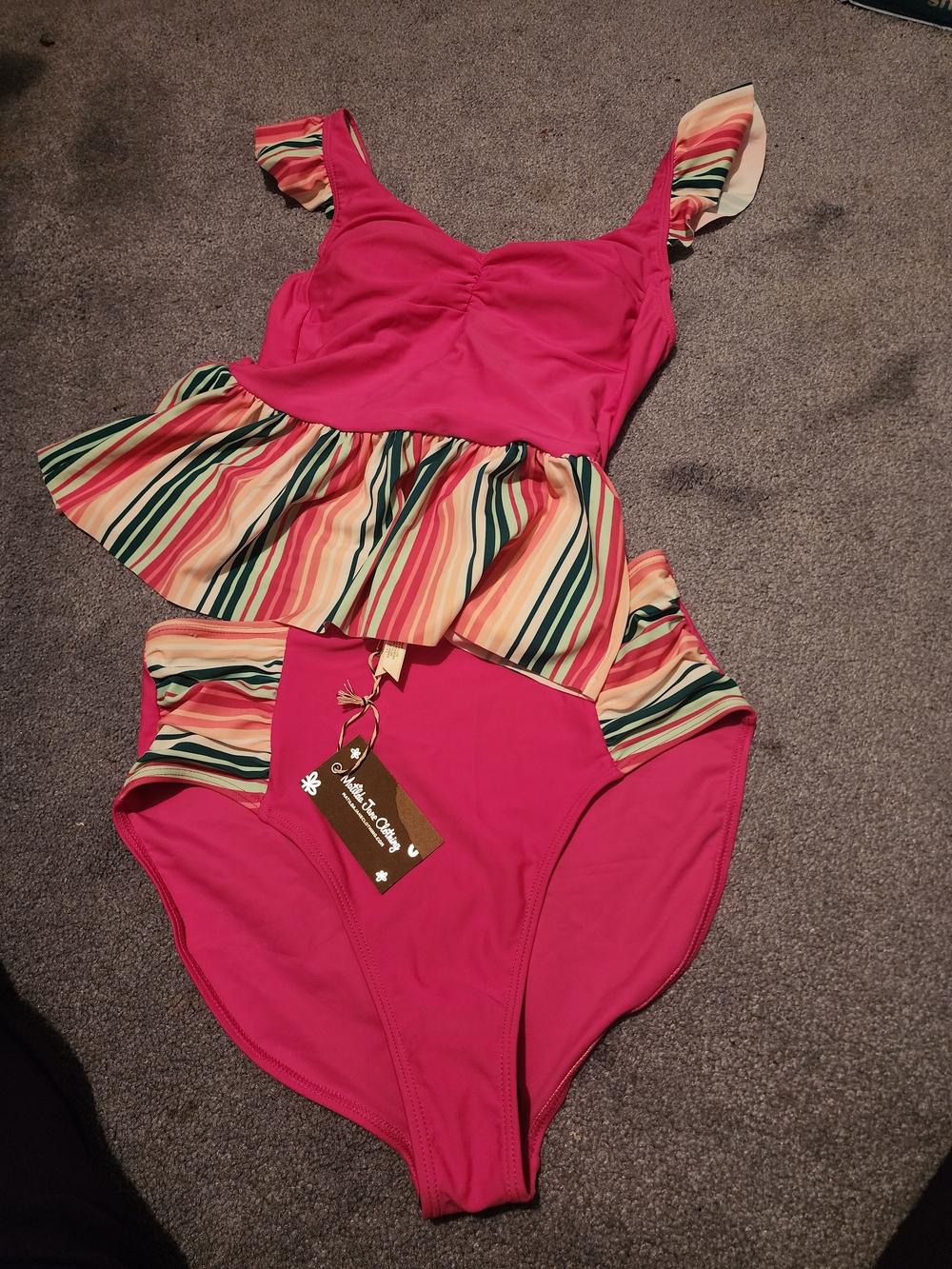 Matilda Jane LADIES Hot Pink Tankini Swimsuit with Multicolor Stripes